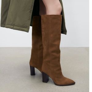 NWT ZARA HEELED SUEDE KNEE HIGH BOOTS Brown